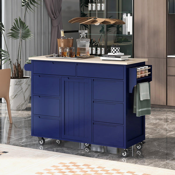 K&K Store Kitchen Cart with Rubber Wood Countertop , Kitchen Island has 8 Handle-Free Drawers Including a Flatware Organizer and 5 Wheels for Kitchen Dinning Room, Dark Blue - Supfirm