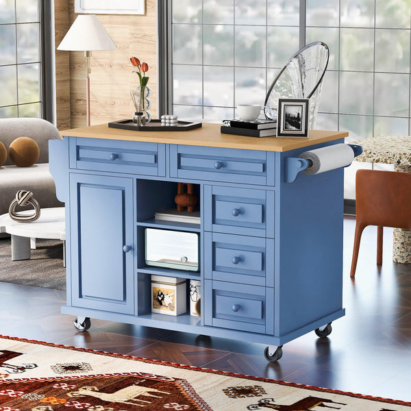 Kitchen cart with Rubber wood desktop rolling mobile kitchen island with storage and 5 draws 53 Inch length (Blue) - Supfirm