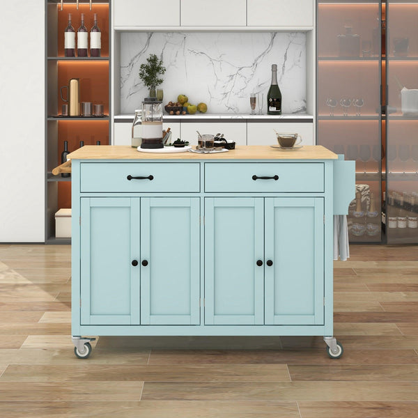 Kitchen Island Cart with 4 Door Cabinet and Two Drawers and 2 Locking Wheels - Solid Wood Top, Adjustable Shelves, Spice & Towel Rack(Mint Green) - Supfirm