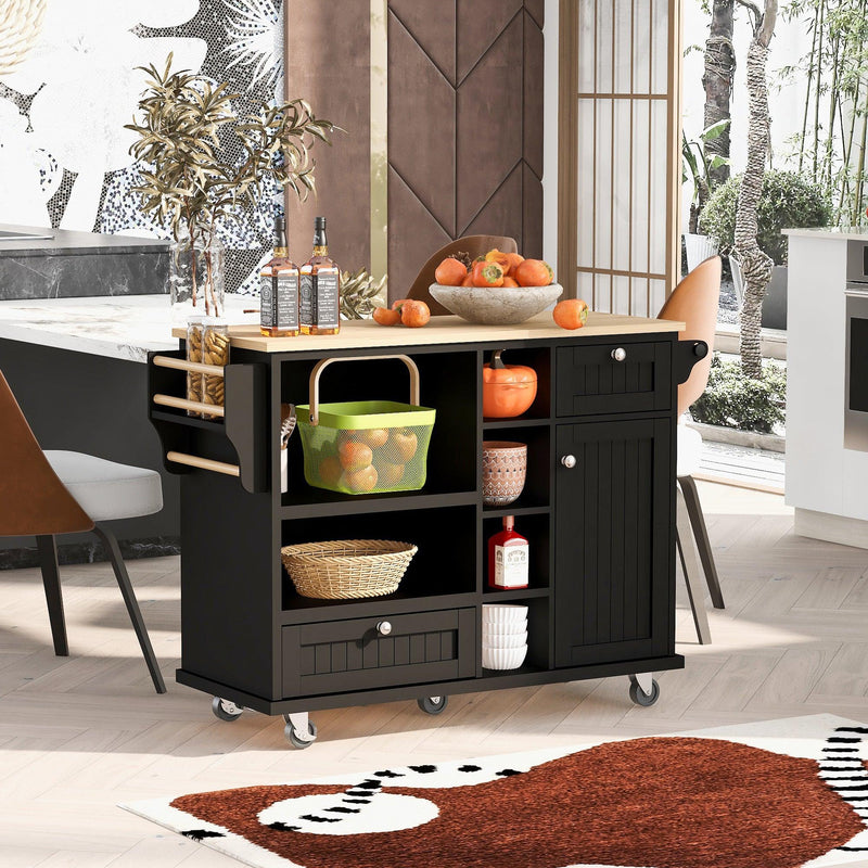 Supfirm Kitchen Island Cart with Storage Cabinet and Two Locking Wheels,Solid wood desktop,Microwave cabinet,Floor Standing Buffet Server Sideboard for Kitchen Room,Dining Room,, Bathroom(Black) - Supfirm