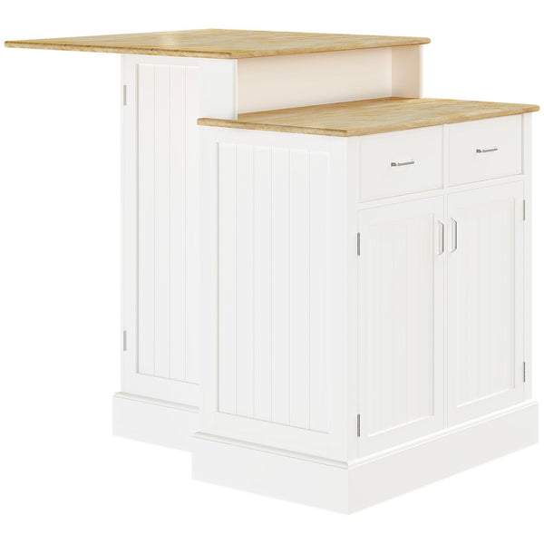Kitchen Island with Storage Cabinet and 2-Level Rubber Wood Tabletop, Island Table with Adjustable Shelves and Drawers, White - Supfirm
