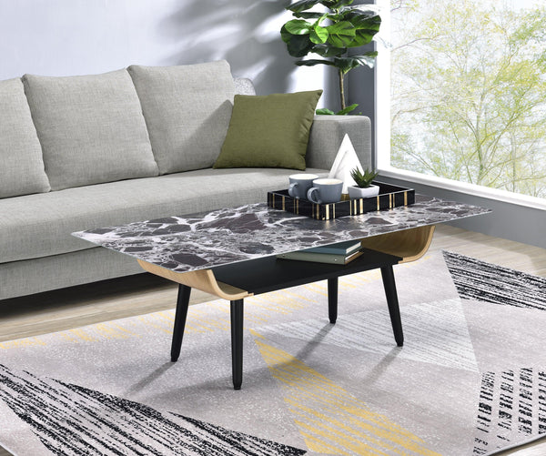 Landon Coffee Table with Glass Black Marble Texture Top and Bent Wood Design - Supfirm