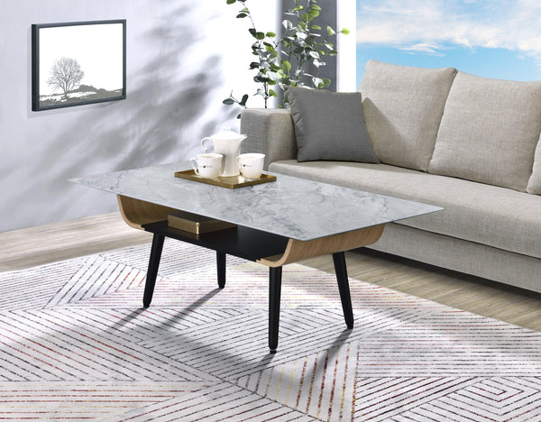 Landon Coffee Table with Glass Gray Marble Texture Top and Bent Wood Design - Supfirm