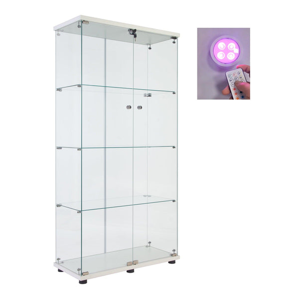 Lighted Two Door Glass Cabinet Glass Display Cabinet with 4 Shelves, White - Supfirm