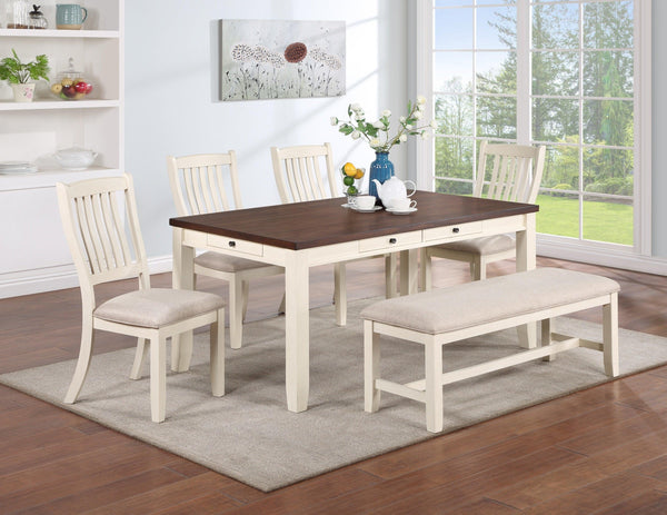 Luxury Look Dining Room Furniture 6pc Dining Set Dining Table w Drawers 4x Side Chairs 1x Bench White Rubberwood Walnut Acacia Veneer Slat Back Chair - Supfirm