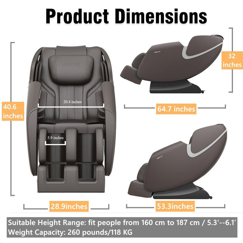 Supfirm Massage Chair Recliner with Zero Gravity, Full Body Airbag Massage Chair with Bluetooth Speaker, Foot Roller Brown - Supfirm