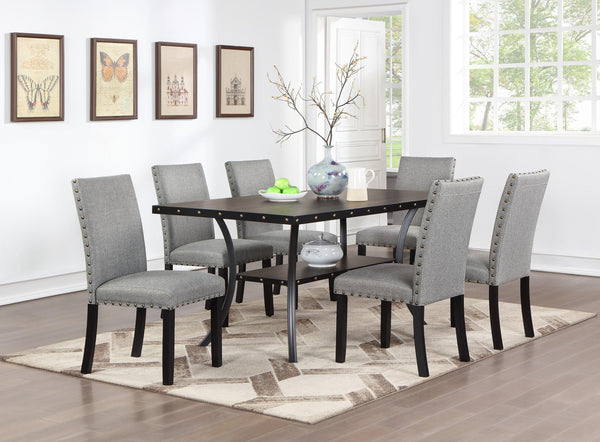 Modern Classic Dining Room Furniture Natural Wooden Rectangle Top Dining Table 6x Side Chairs Gray Fabric Nail heads Trim and Storage Shelve 7pc Dining Set - Supfirm