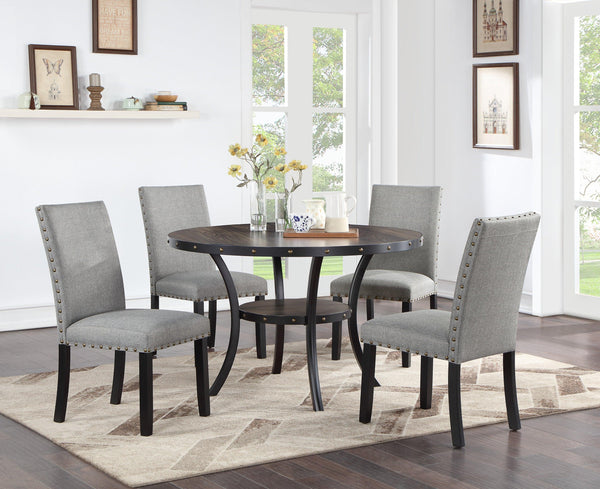 Modern Classic Dining Room Furniture Natural Wooden Round Dining Table 4x Side Chairs Gray Fabric Nail heads Trim and Storage Shelve 5pc Dining Set - Supfirm