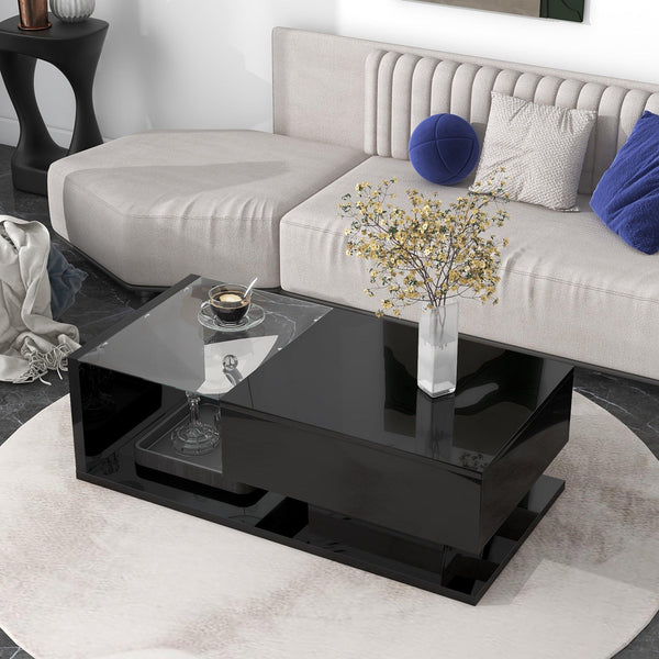 Supfirm Modern Coffee Table with Tempered Glass, Wooden Cocktail Table with High-gloss UV Surface, Modernist 2-Tier Rectangle Center Table for Living Room, Black - Supfirm