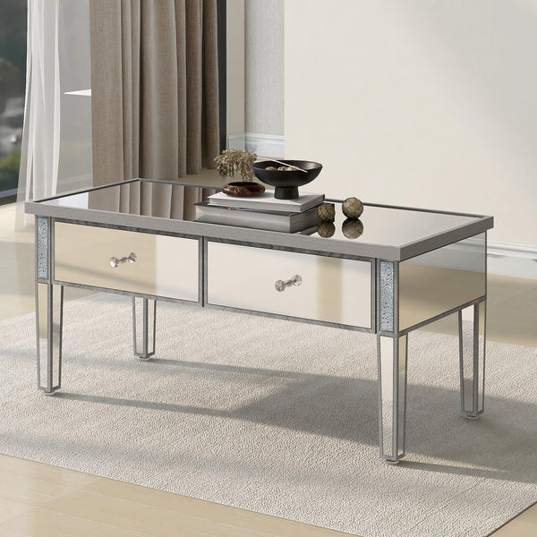 Supfirm Modern Glass Mirrored Coffee Table with 2 Drawers, Cocktail Table with Crystal Handles and Adjustable Height Legs for Living Room, Silver - Supfirm