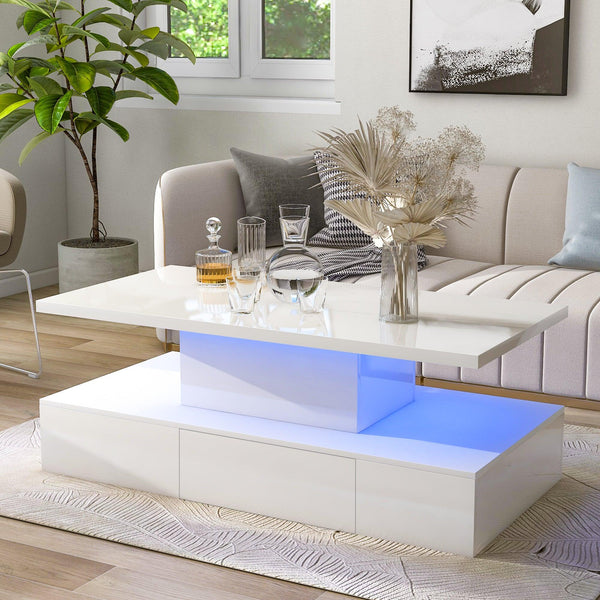 Supfirm Modern Glossy Coffee Table With Drawer, 2-Tier Rectangle Center Table with Plug-in 16 colors LED lighting for Living room, 39.3”x19.6”x15.3”, White - Supfirm
