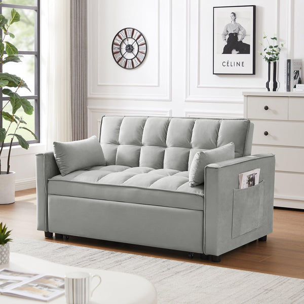 Modern Velvet Loveseat Futon Sofa Couch w/Pullout Bed,Small Love Seat Lounge Sofa w/Reclining Backrest,Toss Pillows, Pockets,Furniture for Living Room,3 in 1 Convertible Sleeper Sofa Bed, Gray - Supfirm