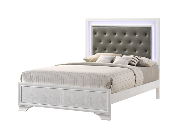 Modern White Crocodile Skin Finish Upholstered 1pc Queen Size LED Panel Bed Faux Diamond Tufted Bedroom Furniture - Supfirm