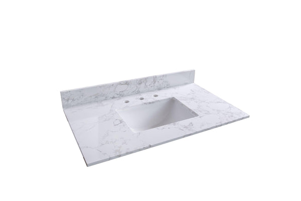Montary 37inch bathroom vanity top stone carrara white new style tops with rectangle undermount ceramic sink and back splash with 3 faucet hole for bathrom cabinet - Supfirm