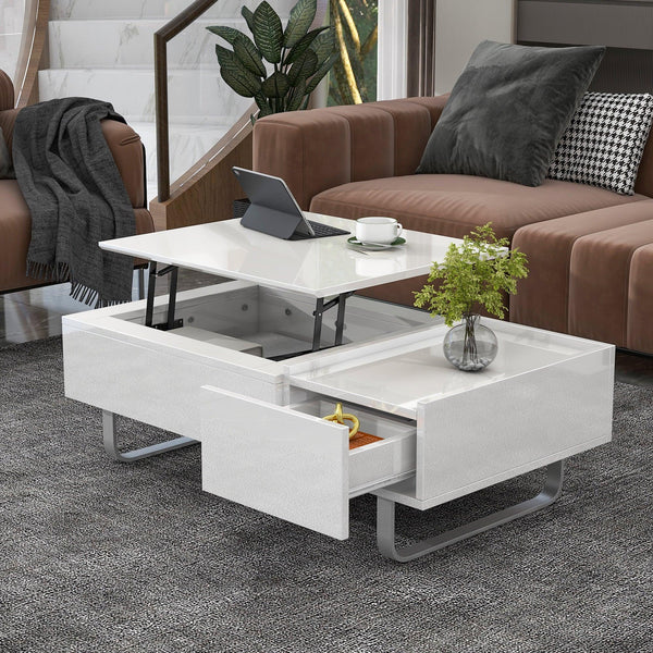 Supfirm Multi-functional Coffee Table with Lifted Tabletop, Contemporary Cocktail Table with Metal Frame Legs, High-gloss Surface Dining Table for Living Room, White - Supfirm