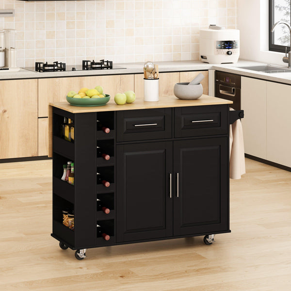 Multi-Functional Kitchen Island Cart with 2 Door Cabinet and Two Drawers,Spice Rack, Towel Holder, Wine Cubbies Rack, and Foldable Rubberwood Table Top (Black) - Supfirm