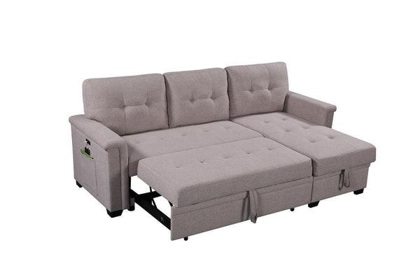 Nathan Light Gray Reversible Sleeper Sectional Sofa with Storage Chaise, USB Charging Ports and Pocket - Supfirm
