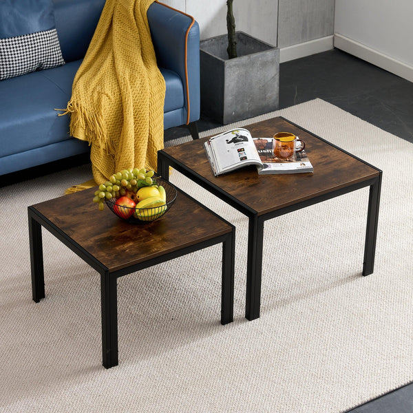 Supfirm Nesting Coffee Table Set of 2, Square Modern Stacking Table with Wood Finish for Living Room,Rustic Brown - Supfirm