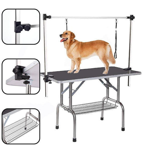 NEW HIGH QUALITY FOLDING PET GROOMING TABLE STAINLESS LEGS AND ARMS BLACK RUBBER TOP STORAGE BASKET - Supfirm