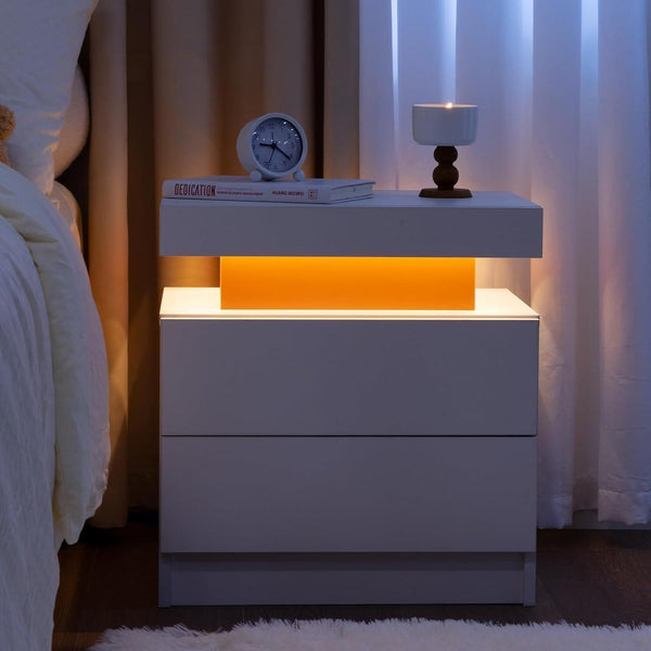 Nightstand LED Bedside Table Cabinet Lights Modern End Side with 2 Drawers for Bedroom (White Red) - Supfirm