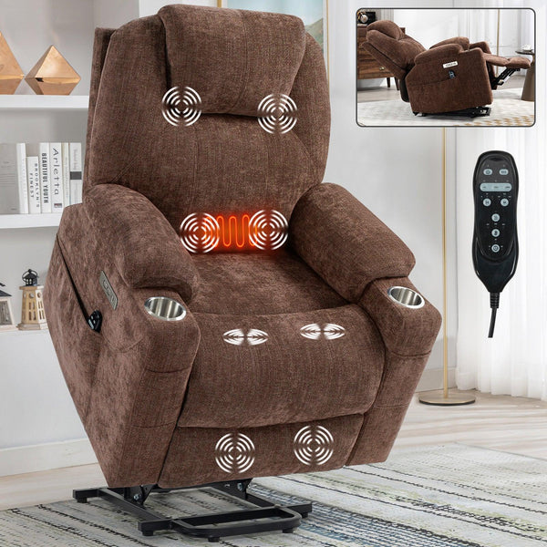 Okin motor Up to 350 LBS Chenille Power Lift Recliner Chair, Heavy Duty Motion Mechanism with 8-Point Vibration Massage and Lumbar Heating, USB and Type-C Ports, Stainless Steel Cup Holders, Brown - Supfirm
