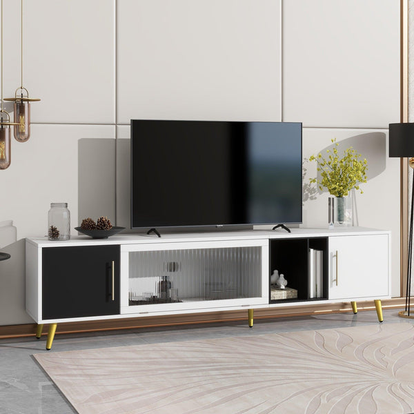 ON-TREND Stylish TV Stand with Golden Metal Handles&Legs, Two-tone Media Console for TVs Up to 80", Fluted Glass Door TV Cabinet with Removable Compartment for Living Room, White - Supfirm