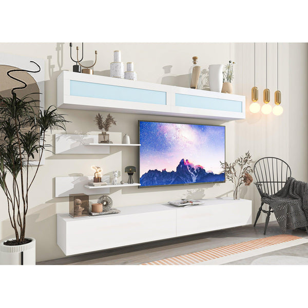 ON-TREND Wall Mount Floating TV Stand with Four Media Storage Cabinets and Two Shelves, Modern High Gloss Entertainment Center for 95+ Inch TV, 16-color RGB LED Lights for Living Room, Bedroom, White - Supfirm