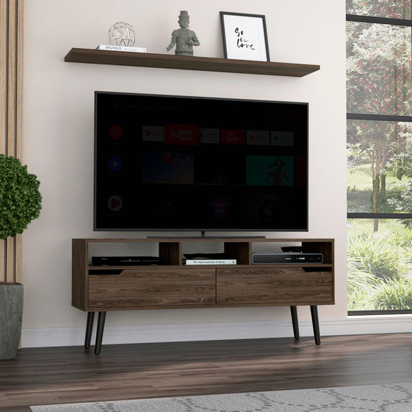 Oslo Tv Stand for TV´s up 51", Two Drawers, Four Legs, Three Open Shelves -Dark Walnut - Supfirm