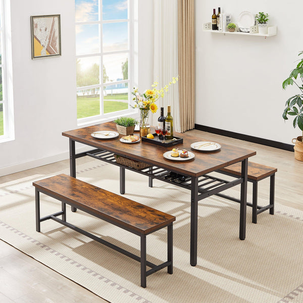 Oversized dining table set for 6, 3-Piece Kitchen Table with 2 Benches, Dining Room Table Set for Home Kitchen, Restaurant, Rustic Brown,67'' L x 31.5'' W x 31.7'' H. - Supfirm