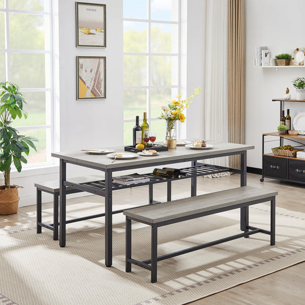 Oversized dining table set for 6, 3-Piece Kitchen Table with 2 Benches, Dining Room Table Set for Home Kitchen, Restaurant, Rustic Grey, 67'' L x 31.5'' W x 31.7'' H. - Supfirm