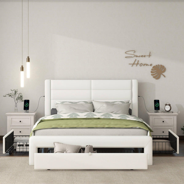 Queen Size Bed Frame with Drawers Storage, Leather Upholstered Platform Bed with Charging Station, White (Expect arrive date Jan. 12th. 2024) - Supfirm