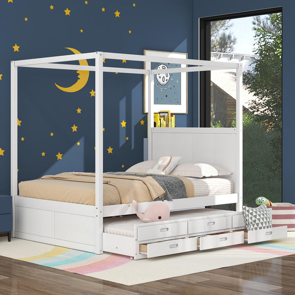 Queen Size Canopy Platform Bed with Twin Size Trundle and Three Storage Drawers,White - Supfirm