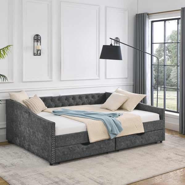 Queen Size Daybed with Drawers Upholstered Tufted Sofa Bed,,with Button on Back and Copper Nail on Waved Shape Arms, Grey (84.5"x63.5"x26.5") - Supfirm