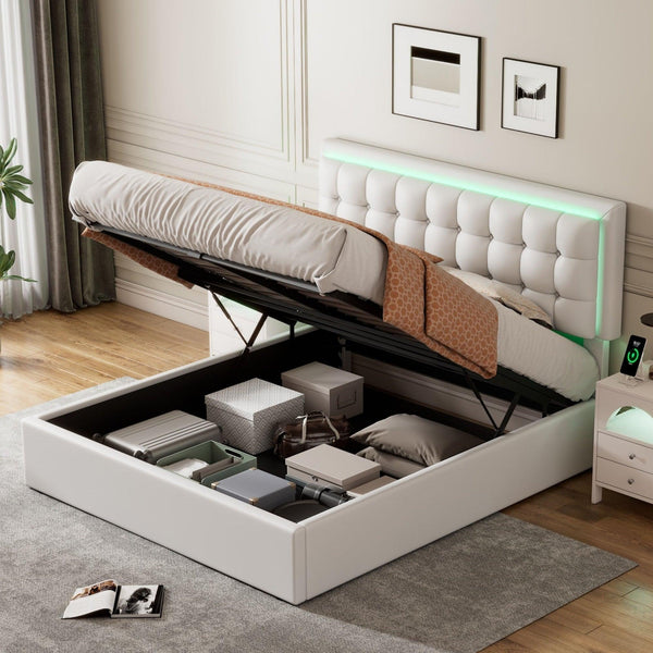 Queen Size Tufted Upholstered Platform Bed with Hydraulic Storage System,PU Storage Bed with LED Lights,White - Supfirm