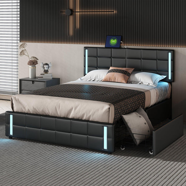 Queen Size Upholstered Platform Bed with LED Lights and USB Charging, Storage Bed with 4 Drawers, Black(Old SKU:WF302558AAB) - Supfirm