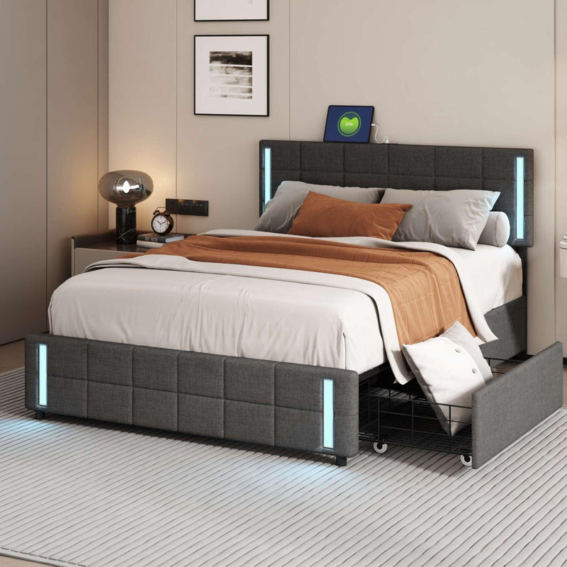Queen Size Upholstered Platform Bed with LED Lights and USB Charging, Storage Bed with 4 Drawers, Gray(Linen) - Supfirm