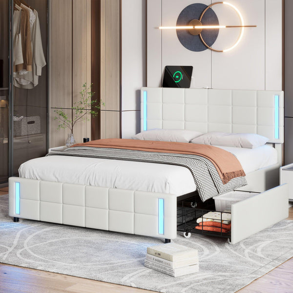 Queen Size Upholstered Platform Bed with LED Lights and USB Charging, Storage Bed with 4 Drawers, White - Supfirm