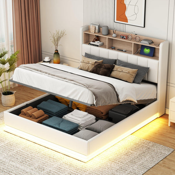 Queen Size Upholstered Platform Bed with Storage Headboard and Hydraulic Storage System, PU Storage Bed with LED Lights and USB charger, White - Supfirm