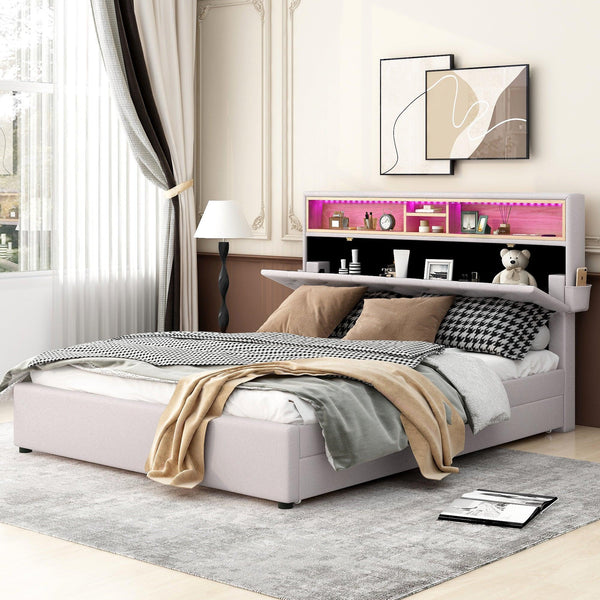 Queen Size Upholstered Platform Bed with Storage Headboard, LED, USB Charging and 2 Drawers, Beige - Supfirm