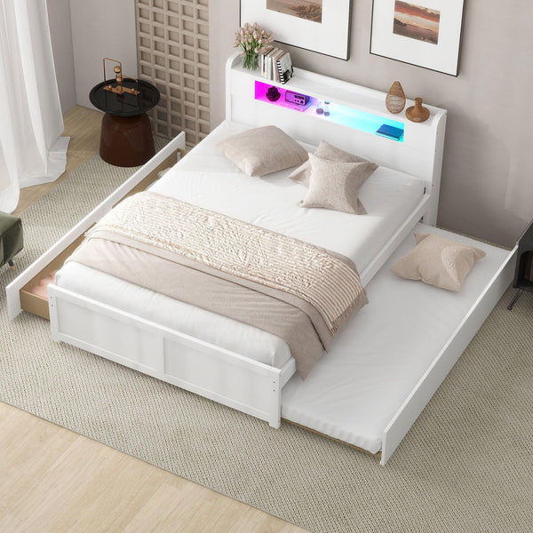 Queen Size Wood Storage Platform Bed with LED, 2 Drawers and 1 Twin Size Trundle, White - Supfirm