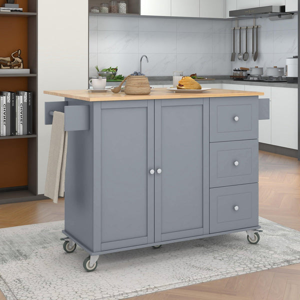 Rolling Mobile Kitchen Island with Solid Wood Top and Locking Wheels,52.7 Inch Width,Storage Cabinet and Drop Leaf Breakfast Bar,Spice Rack, Towel Rack & Drawer (Grey Blue) - Supfirm