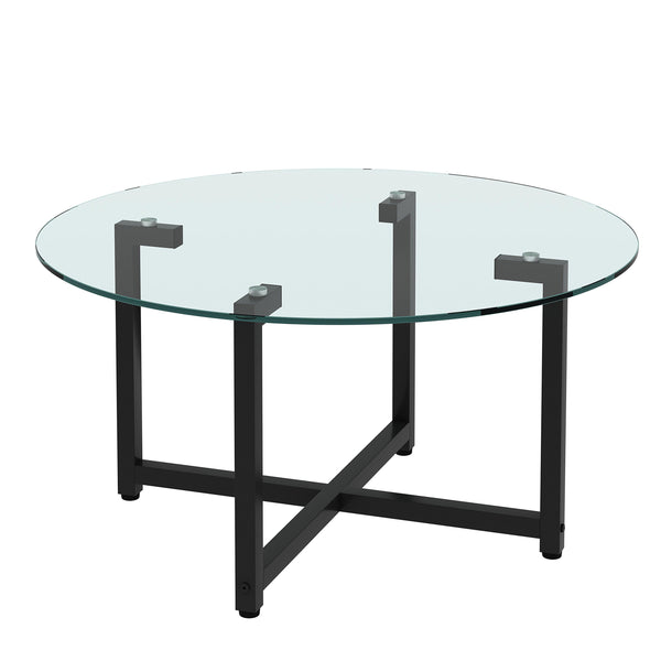 Supfirm Round Transparent Glass+Black Leg  Coffee Table, Clear Coffee Table，Modern Side Center Tables for Living Room， Living Room Furniture - Supfirm
