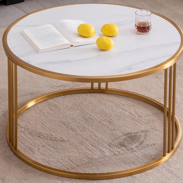 Slate/Sintered stone round coffee table with golden stainless steel frame - Supfirm
