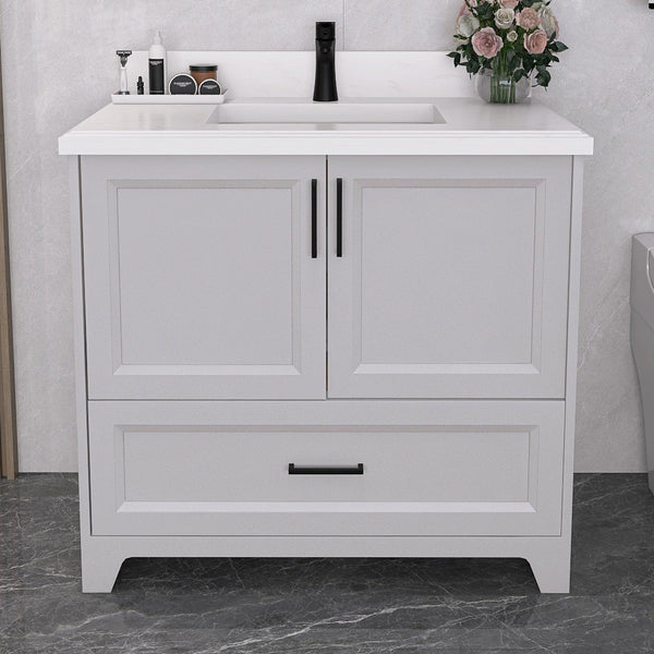 Solid Wood 36" Bathroom Vanity with Sink Combo, Modern Undermount Single Bathroom Cabinet Set, Includes Countertop & Integrated Sink, Soft Closing Doors & Drawers, Bathroom Dresser Light Gray - Supfirm