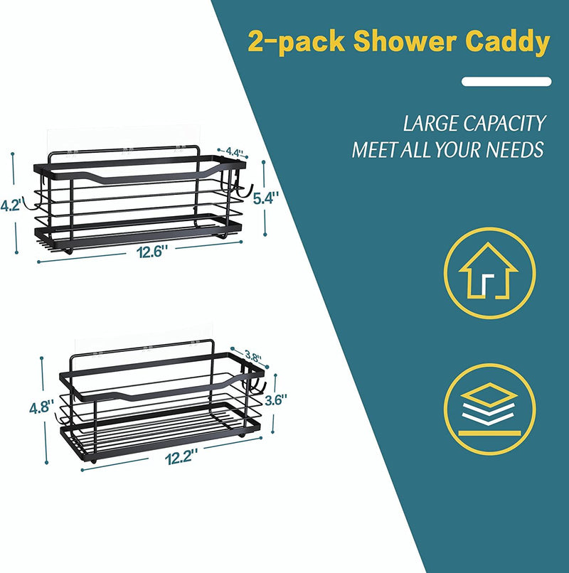 supfirm Stainless Steel Adhesive Shower Caddy with Removable Hooks,  Black 2-pack - Supfirm