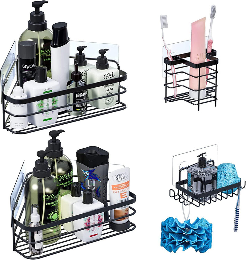 Supfirm Stainless Steel Adhesive Shower Organizer with Hooks( Black 4-pack Corner) - Supfirm