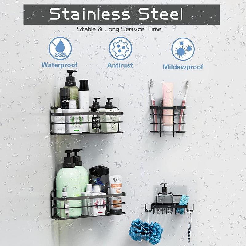 Supfirm Stainless Steel Adhesive Shower Organizer with Hooks( Black 4-pack Corner) - Supfirm