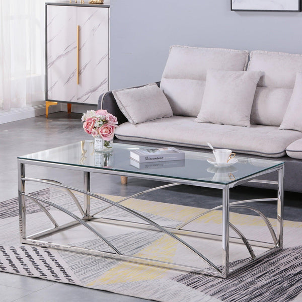 Supfirm Stainless Steel Rectangular Accent Glass Coffee Table for Living Room- 46.8" Modern Sleek Center Table with Lounge Table with Clear Tempered Glass(Silver) - Supfirm