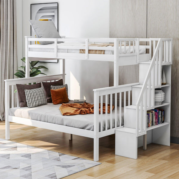 Stairway Twin-Over-Full Bunk Bed with Storage and Guard Rail for Bedroom, White color(OLD SKU :LP000019AAK) - Supfirm