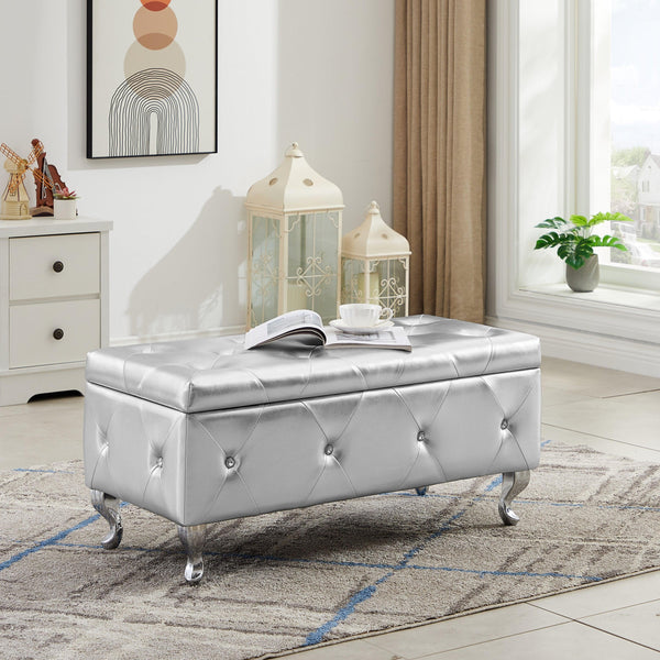 Storage Bench, Flip Top Entryway Bench Seat with Safety Hinge, Storage Chest with Padded Seat, Bed End Stool for Hallway Living Room Bedroom, Supports 250 lbs,Silver PU - Supfirm